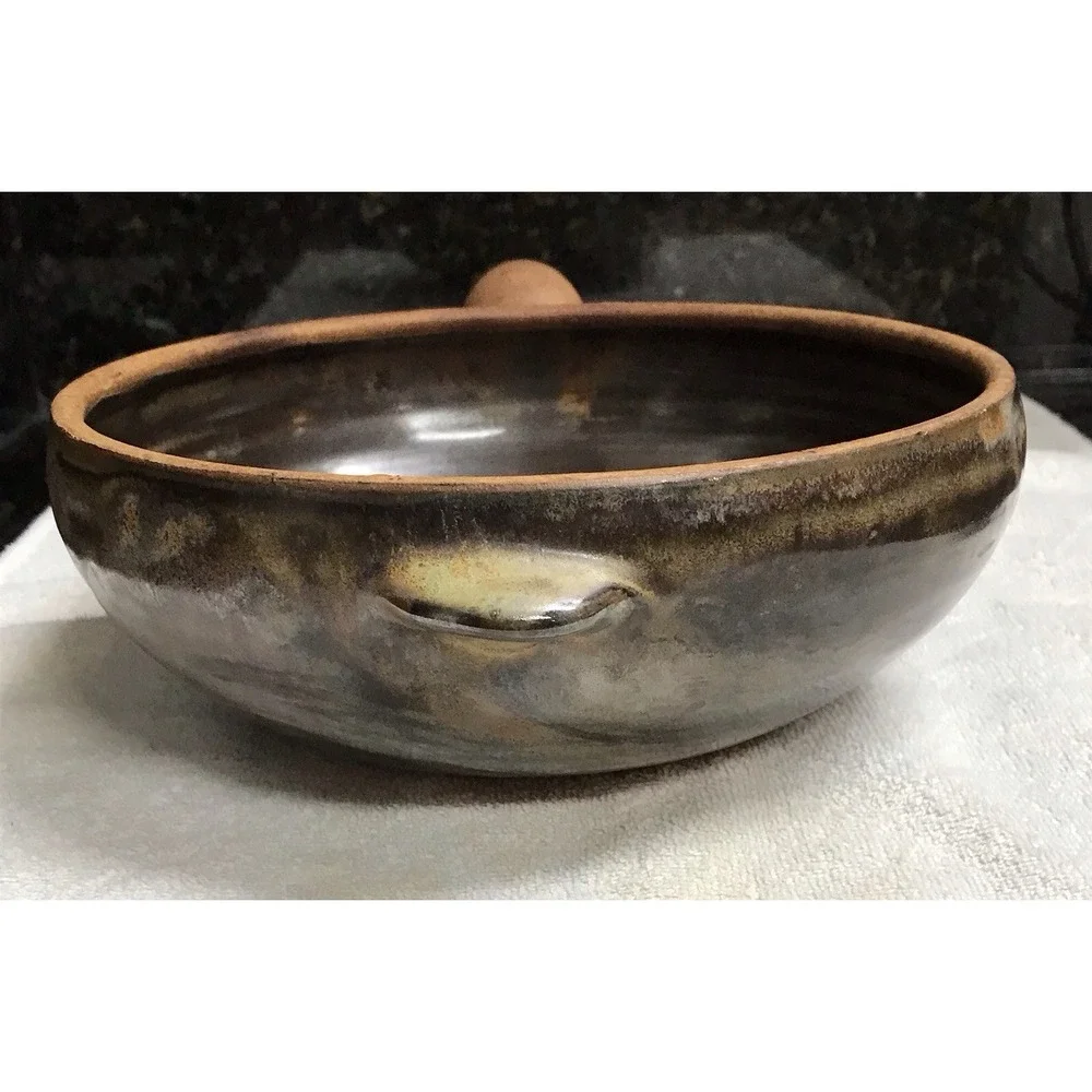 Stoneware Pottery Glazed Pot Bowl‎ with Handle Brown Tan Swirl